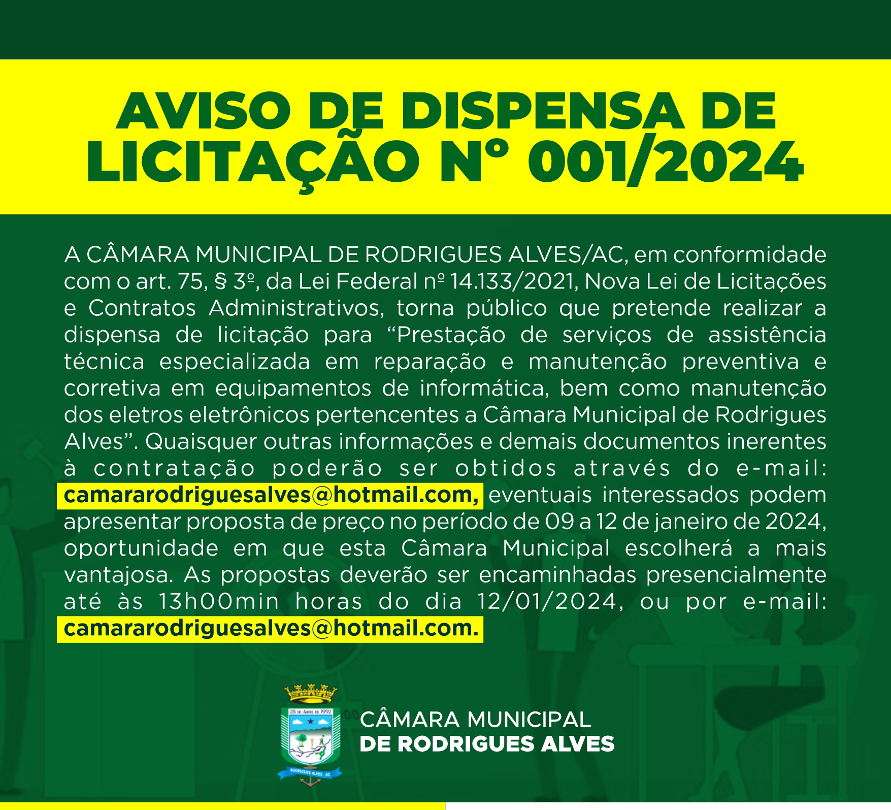 AVISO DE DISPENSA DE LICITAÇÃO Nº 001/2024