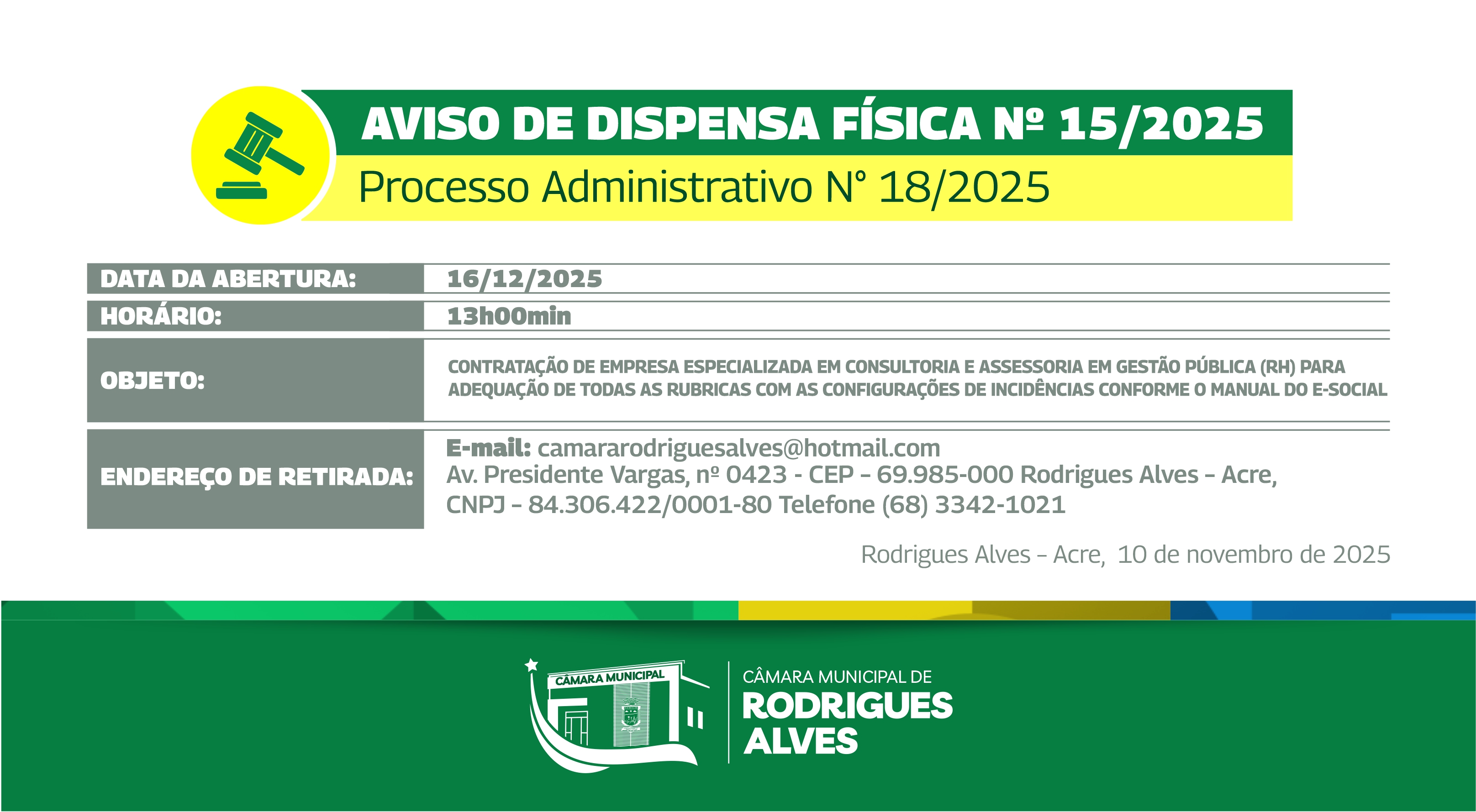 AVISO DE DISPENSA FÍSICA Nº 15/2025